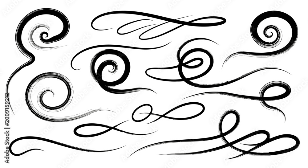 Fototapeta premium Set of Hand-Drawn Decorative Swirls, Scrolls, and Calligraphic Flourishes on an Isolated White Background