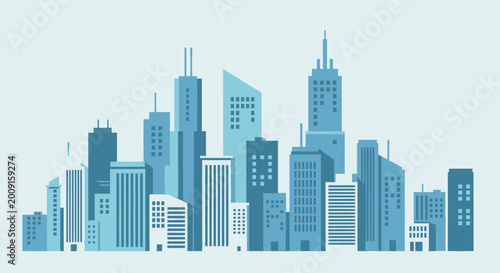 Modern City Skyline with Tall Skyscrapers and Urban Buildings against a Bright Blue Sky