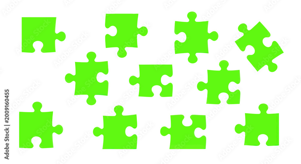 Naklejka premium Scattered Green Puzzle Pieces, Connecting, Solution, Teamwork, Strategy
