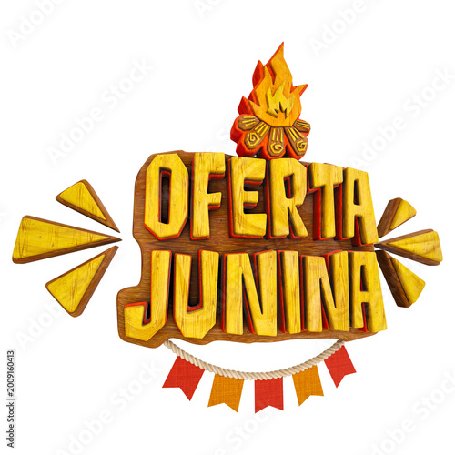 Foto Selo 3D oferta junina com tipografia em madeira e elementos de festa