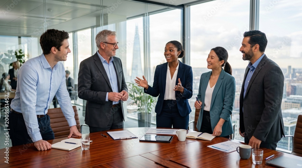 Fototapeta premium A group of business professionals engaged in a meeting around a large wooden table in a modern office with large windows.