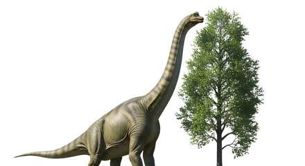 A large green dinosaur standing next to a tree isolated on white background