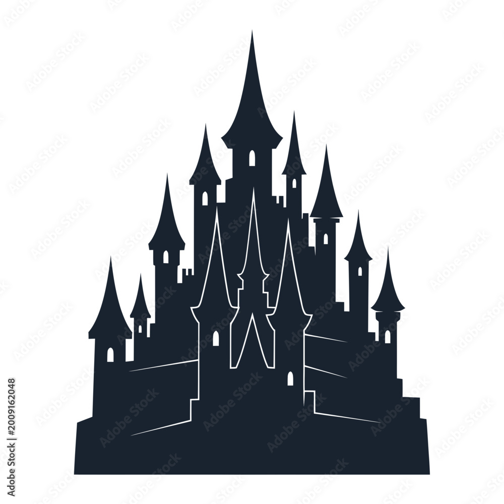 Obraz premium Gothic Castle Silhouette, Fairytale Medieval Fortress Icon