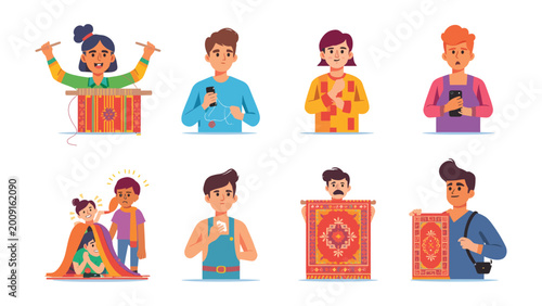 фотографія Diverse Hobbies and Crafts: A collection of illustrations showcasing various individuals engrossed in unique hobbies and crafts, from knitting to carpet weaving