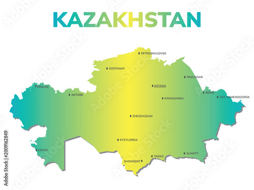 modern infographic map of Kazakhstan with major cities like Astana and Almaty. For business presentations, reports, educational geography materials, office decoration, travel brochures