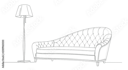 Fotografie Sketch of a tufted chaise lounge next to a floor lamp with a lampshade living ro