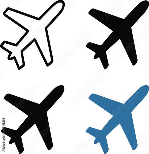 Set of four minimal airplane silhouette in black and blue vector illustration EPS PNG file