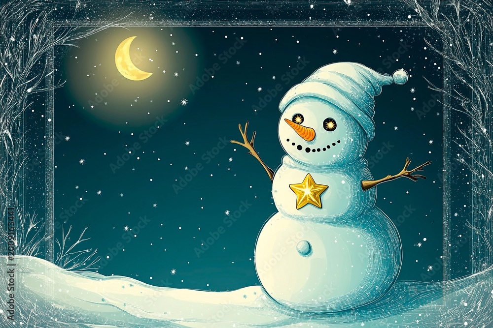 Obraz premium Magical snowman with twinkling eyes and a golden star at night