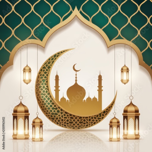 Islamic crescent moon with mosque silhouette and lanterns during Ramadan celebration illustration