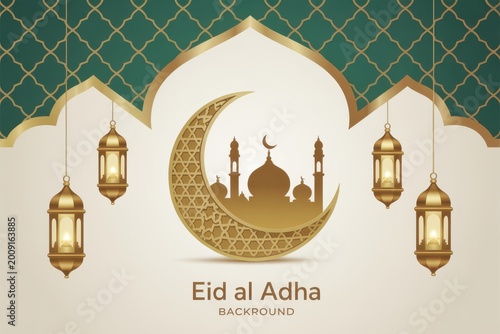 Islamic crescent moon with mosque silhouette and ornate lanterns during Eid al Adha celebration Illustration