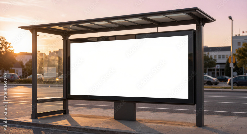 Fototapeta premium Blank billboard mockup at city bus stop, empty horizontal advertising poster frame on urban street, outdoor media display at sunset