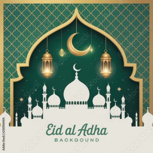 Islamic Holy Festival Silhouette with Crescent Moon and Lanterns Illustration