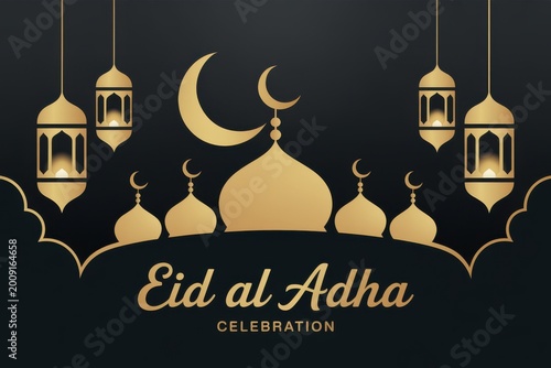 Islamic mosque and crescent moon with lanterns during Eid al Adha celebration illustration