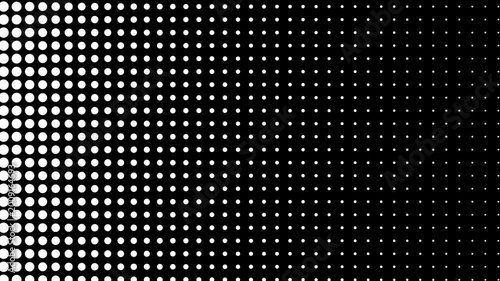 White halftone dots transition scaling up on black background creating a smooth reveal effect for motion graphics and creative video production and editing. Motion design.