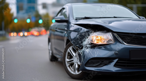 Close-up of damaged vehicle in city traffic, cracked headlight and dented bumper, accident aftermath, insurance assessment, realistic road safety concept damaged vehicle, car accid
