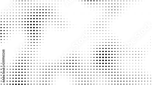 Black halftone dots move and change size on a white background with alpha channel creating a dynamic pattern of circles that flow across the dark digital screen display.