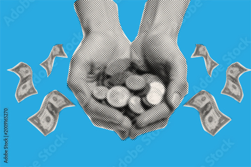 Foto Modern collage isolated element with halftone style hands holding money wealth
