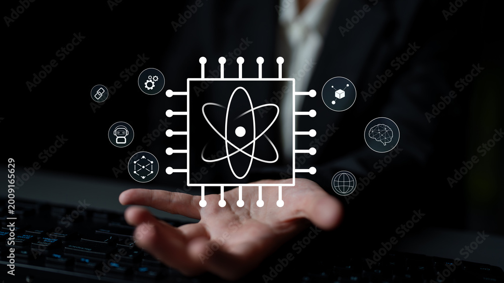 Fototapeta premium A quantum computing processor as the core of future technology. This innovation will power advancements in AI, blockchain, and complex problem solving. Motif