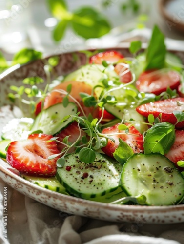 Fresh cucumber and strawberry salad with herbs on a textured plate during a sunny day in the kitchen