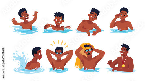 Foto Diverse Swimming Expressions: A collection of various emotions and actions portrayed by a swimmer in the refreshing water, showcasing the versatility of expressions