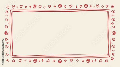 Schilderij op canvas Hand-drawn red frame with hearts, roses, and stars on a beige background