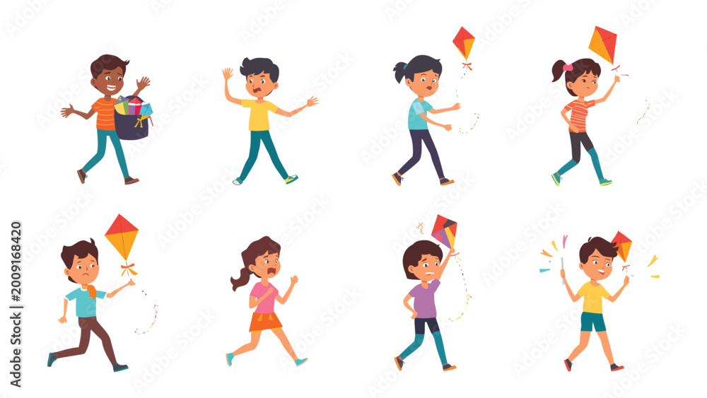Fototapeta premium Kite-Flying Children's Delight: A group of children joyfully running, holding, and playing with their kites, capturing the simple pleasures of childhood.