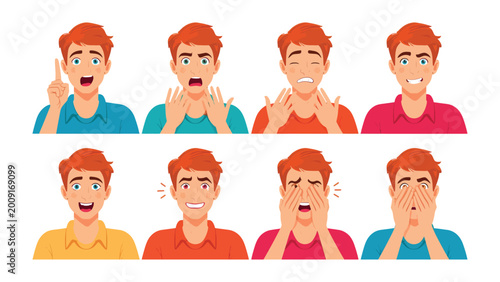 Fotografie Diverse Emotions Display: A collection of illustrations showcasing a person's expressions, capturing the multifaceted nature of human emotion