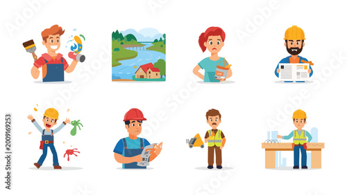 Photos Creative Professionals: An array of skilled individuals in their element, from painting and planning to on-site execution, captures the diverse world of skilled trades and creative work