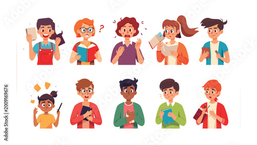 Bild auf Leinwand Diverse Youth's Expressions: A compilation of illustrations showcasing various youths expressing different emotions, from joy and confusion to excitement and concern
