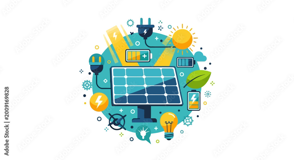 Naklejka premium Solar Energy Concept Vector Illustration with Solar Panels, Battery Storage, Sun, and Sustainable Power Icons