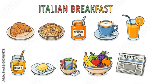 Foto Collection of Italian Breakfast Food and Drinks Illustrated.