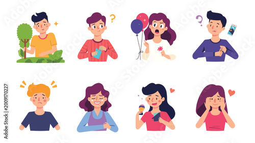 Foto Expressive Emotions: A collection of various expressions of human emotion, from joy to uncertainty, presented in a vibrant and dynamic display