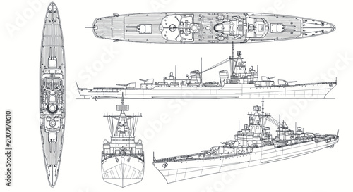 Photos Naval Ship Blueprint: Top, Side, Front, and Perspective Views of a Battleship