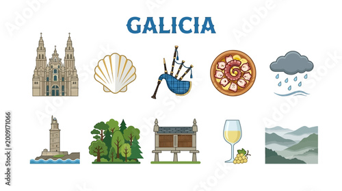 Принти на полотні Collection of Icons Representing Galicias Culture and Landmarks.