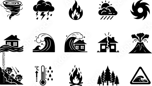 Tableau sur toile Set of fifteen black silhouette weather condition symbols weather forecast icons
