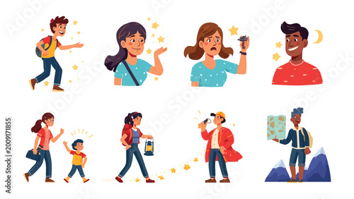 Tableau sur toile Diverse travel experiences depicted in artistic style: A collection of stylized illustrations captures the essence of travel through dynamic poses, diverse characters, and varied experiences