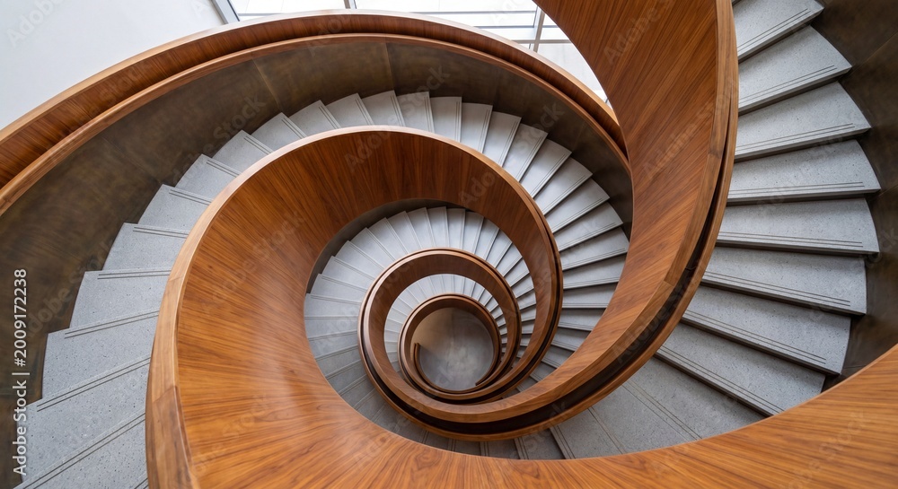 Fototapeta premium top down view of modern wooden and concrete spiral staircase
