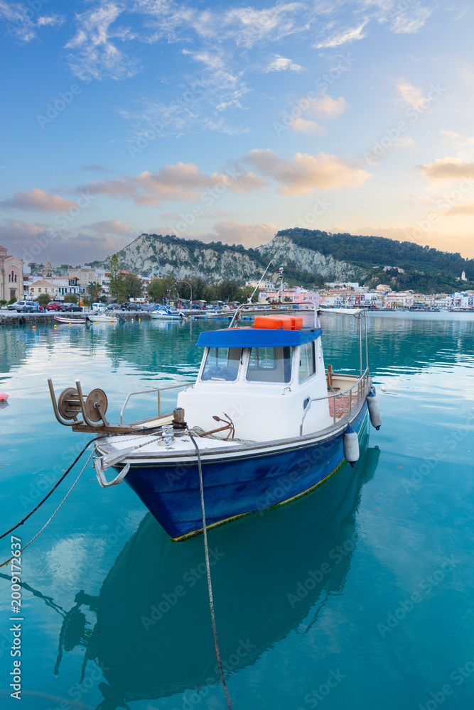 Fototapeta premium fishing boats moored in Zaante town harbour, Zakinthos Greece