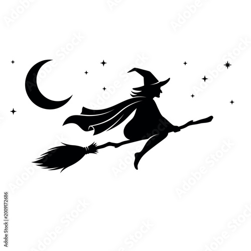 Schilderij op canvas Witch flying on broomstick silhouette vector isolated on white