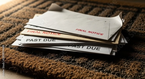 Stack of past due and final notice letters lies on a doormat.