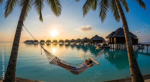 Person relaxing in a hammock over turquoise water at a tropical sunset