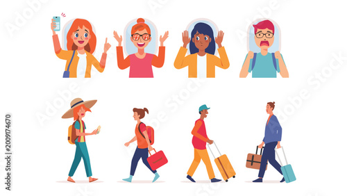 Cuadro en lienzo Travel Experiences: Diverse illustrations depict travelers in various situations, showcasing anticipation, surprise, and the journey itself
