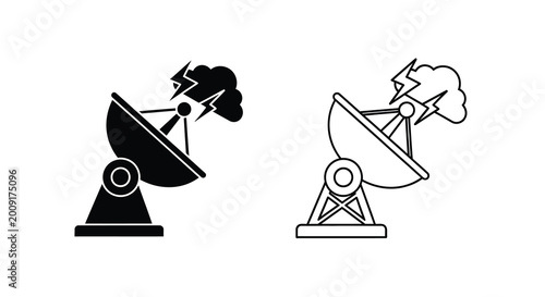 Foto Two black and white illustrations of satellite dishes with clouds and lightning