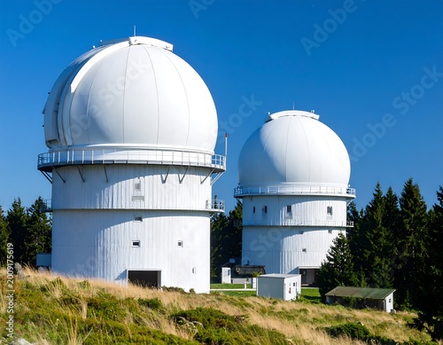 Two large, white observatory domes sit atop a hill, surrounded by trees, under a bright blue sky. Structures look well-maintained