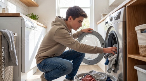 Teenage boy loading laundry into washing machine in modern home  