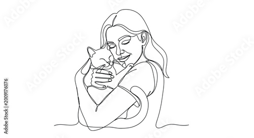 Minimalist one line drawing of woman cuddling cat with tenderness and affection