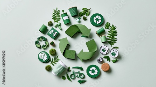 Circular economy concept with green recycling symbols and eco-friendly items