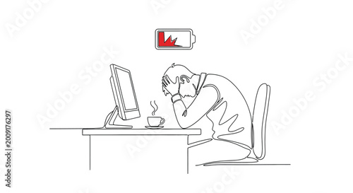 Photos Burned out man with low battery icon at desk, one line drawing