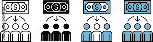 Crowdfunding icon set, multiple style collection vector illustration for fundraising, donation, community support, investment and startup funding design elements.