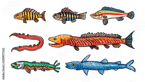 Photos Exotic Underwater Wonders: A captivating collection of intricately designed, stylized fish showcases the incredible biodiversity found beneath the waves, a tribute to the artistry of nature